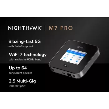 Router móvel Netgear Nighthawk M7 Pro – Tri-Band Wi-Fi 2,4/5/6 GHz, 5G Sub6, LTE, Gigabit Ethernet, USB-C, portátil, preto