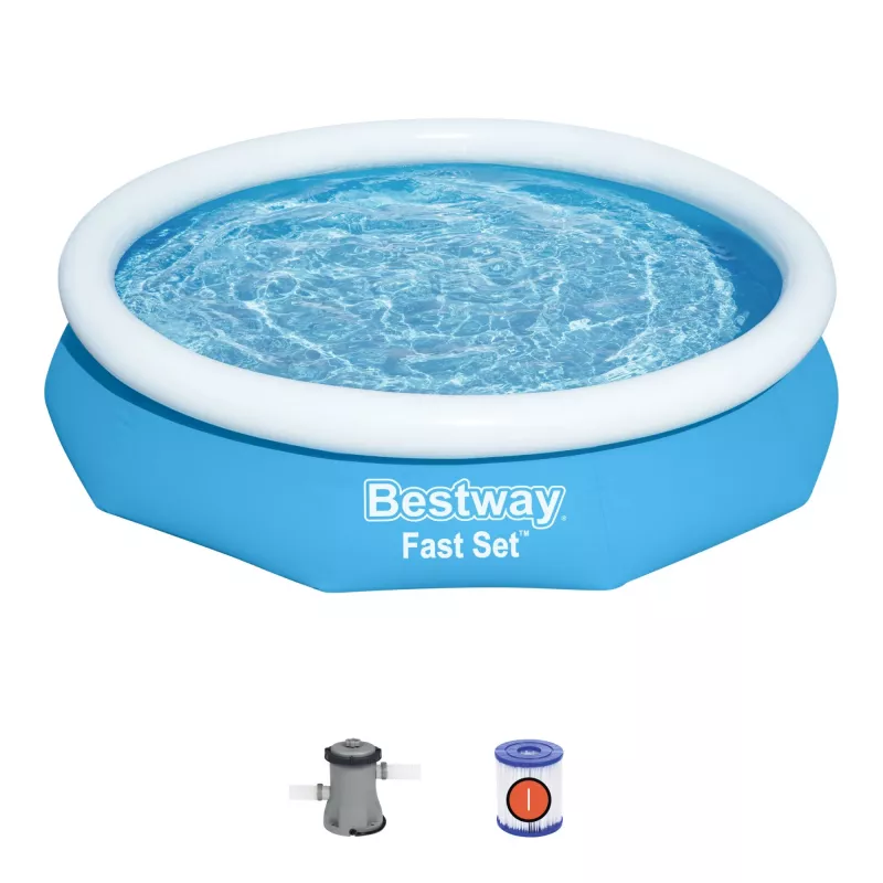 Conjunto de piscina insuflável redonda Bestway Fast Set 3,05 m x 66 cm, 3200 L, piscina insuflável, criança e adulto, azul, branco, 9,26 kg