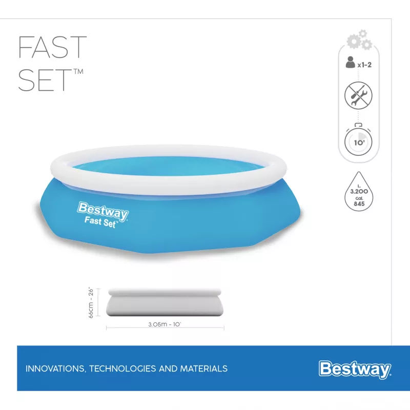 Conjunto de piscina insuflável redonda Bestway Fast Set 3,05 m x 66 cm, 3200 L, piscina insuflável, criança e adulto, azul, branco, 9,26 kg