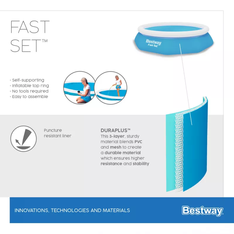 Conjunto de piscina insuflável redonda Bestway Fast Set 3,05 m x 66 cm, 3200 L, piscina insuflável, criança e adulto, azul, branco, 9,26 kg