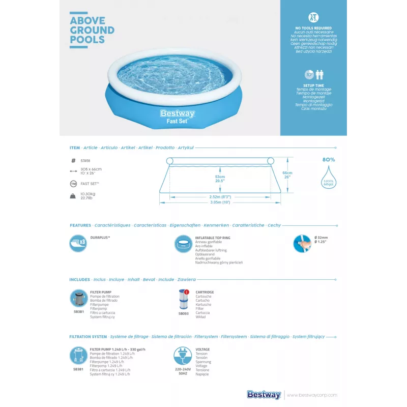 Conjunto de piscina insuflável redonda Bestway Fast Set 3,05 m x 66 cm, 3200 L, piscina insuflável, criança e adulto, azul, branco, 9,26 kg