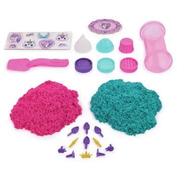 Kinetic Sand Shimmer, conjunto de brincar padaria de unicórnio, 16 oz (turquesa cintilante e rosa néon), 8 ferramentas de unicórnio, brinquedo sensorial para crianças a partir dos 3 anos