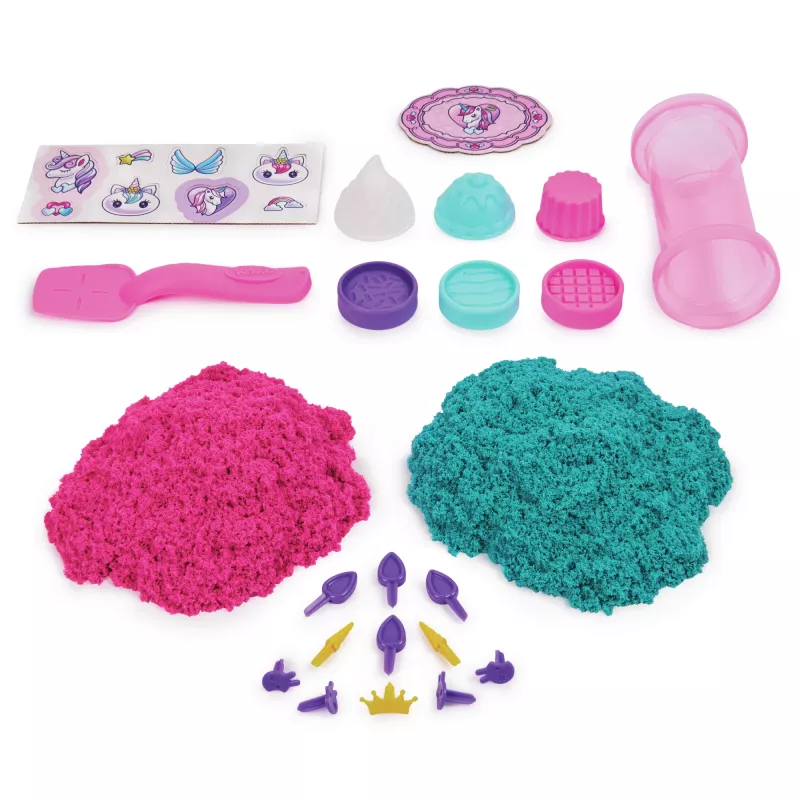 Kinetic Sand Shimmer, conjunto de brincar padaria de unicórnio, 16 oz (turquesa cintilante e rosa néon), 8 ferramentas de unicórnio, brinquedo sensorial para crianças a partir dos 3 anos