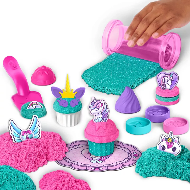 Kinetic Sand Shimmer, conjunto de brincar padaria de unicórnio, 16 oz (turquesa cintilante e rosa néon), 8 ferramentas de unicórnio, brinquedo sensorial para crianças a partir dos 3 anos