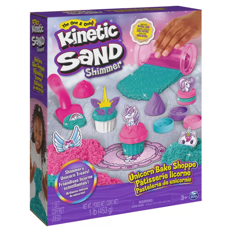 Kinetic Sand Shimmer, conjunto de brincar padaria de unicórnio, 16 oz (turquesa cintilante e rosa néon), 8 ferramentas de unicórnio, brinquedo sensorial para crianças a partir dos 3 anos