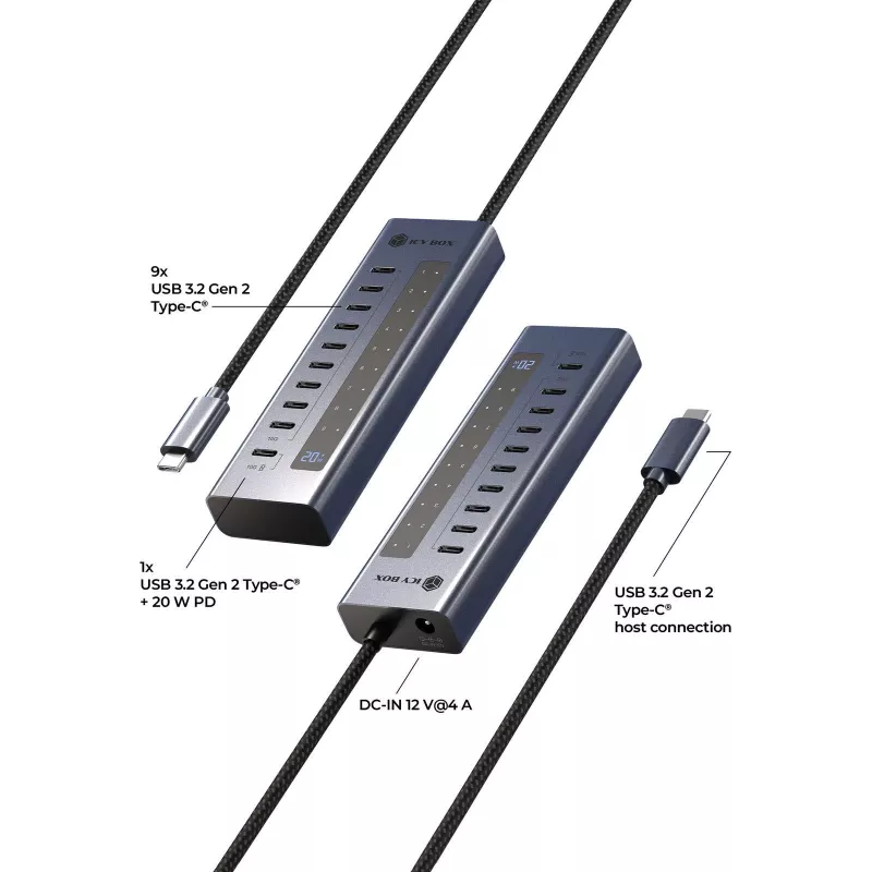 Hub USB icybox IB-HUB1450-C31 — 10 portas, USB 3.2