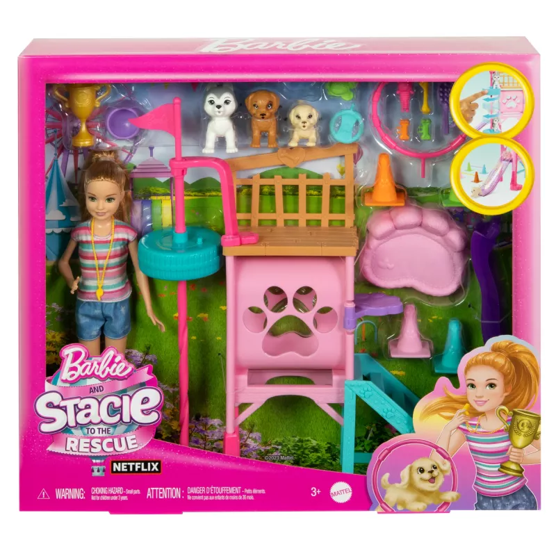 Barbie and Stacie to the Rescue conjunto de brincar parque para cachorros com boneca, 3 réplicas de cães e acessórios