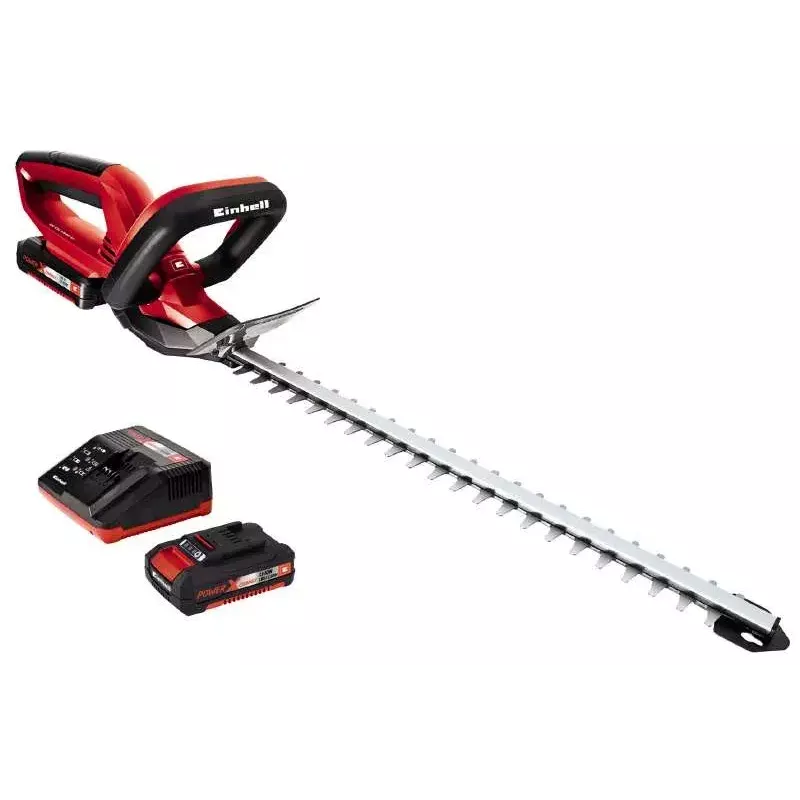 Einhell GE-CH 1846 Li Kit corta-sebes a bateria, 18 V, bateria de iões de lítio de 2,0 Ah, lâmina dupla, comprimento de corte 52 cm, vermelho/preto