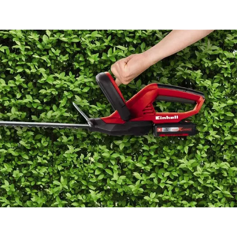 Einhell GE-CH 1846 Li Kit corta-sebes a bateria, 18 V, bateria de iões de lítio de 2,0 Ah, lâmina dupla, comprimento de corte 52 cm, vermelho/preto