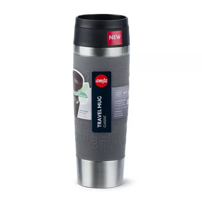 EMSA N2022300 Travel Mug Classic Grande caneca térmica, 500 ml, aço inoxidável/PP/silicone, tampa Quick Press, cinzenta