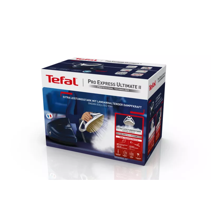 Tefal Pro Express Ultimate II GV9720 ferro com gerador de vapor, 3000 W, 1,2 l, base Durilium Airglide Autoclean Ultra Thin, azul/branco