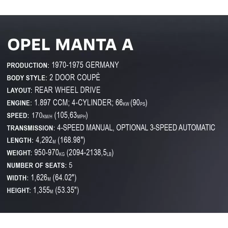Brinquedo de construção Cobi Opel Manta A 1970 modelo à escala 1:12, conjunto de blocos