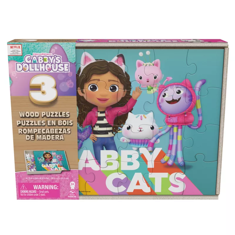 Jogos Gabby’s Dollhouse, 3 puzzles de madeira Puzzles de 24 peças com caixa de armazenamento de madeira Puzzles infantis, para pré-escolares a partir dos 3 anos