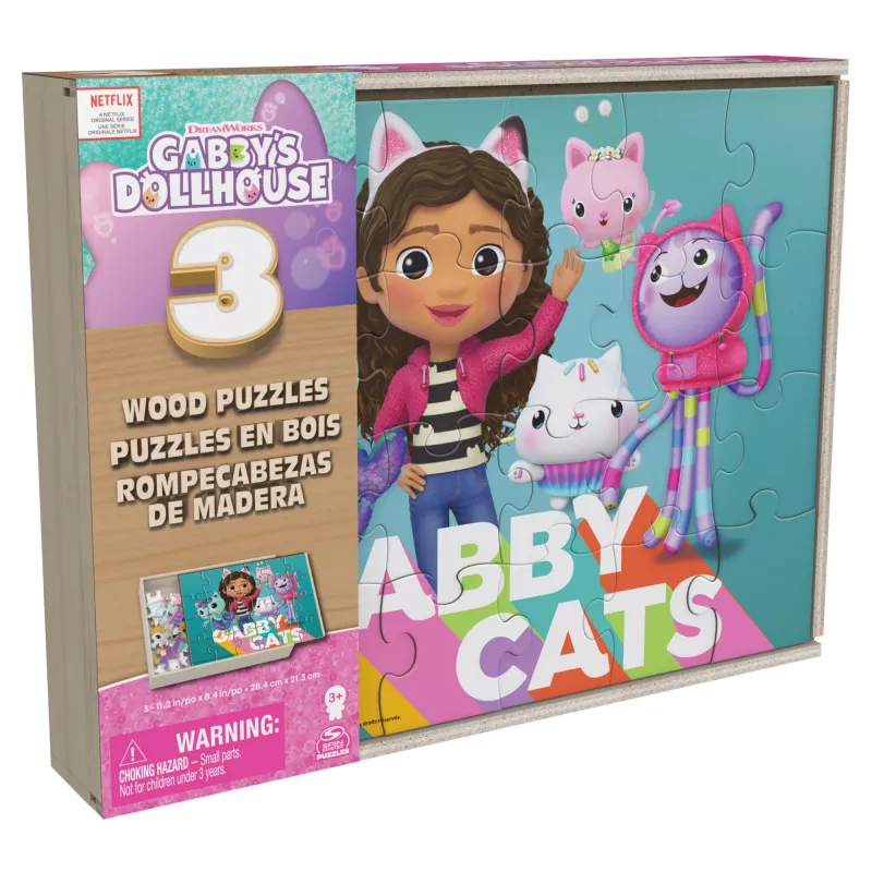 Jogos Gabby’s Dollhouse, 3 puzzles de madeira Puzzles de 24 peças com caixa de armazenamento de madeira Puzzles infantis, para pré-escolares a partir dos 3 anos
