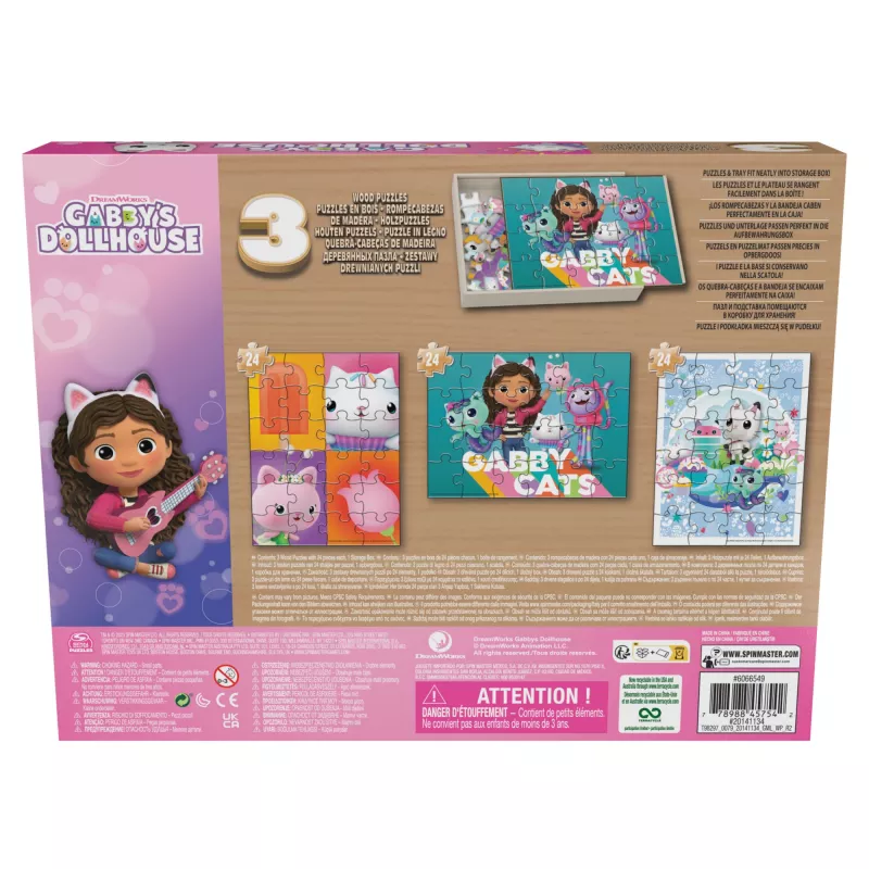 Jogos Gabby’s Dollhouse, 3 puzzles de madeira Puzzles de 24 peças com caixa de armazenamento de madeira Puzzles infantis, para pré-escolares a partir dos 3 anos