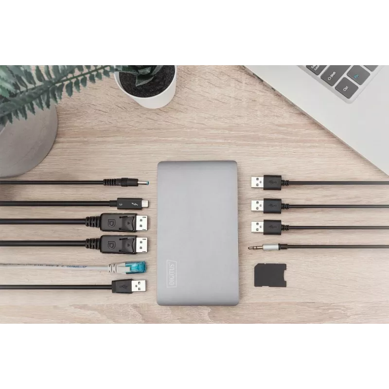 Docking station DIGITUS USB-C – 2x USB Type-C / 2x USB 3.0 10 Gbit/s / USB 3.0 5 Gbit/s / 2x DP / GbE / Micro-SD / SD / 3,5 mm – 60 W USB Power Delivery