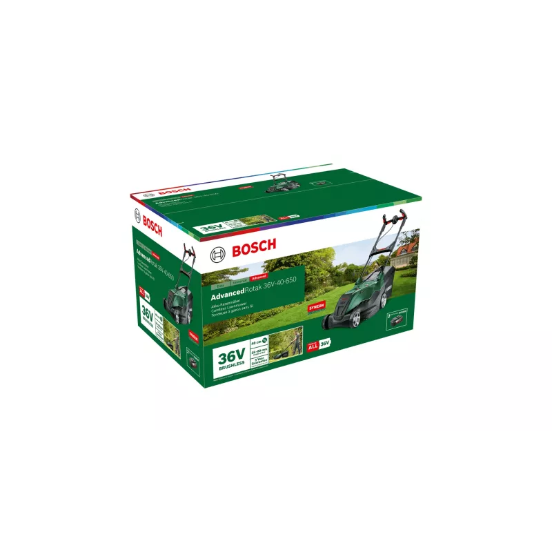 Corta-relvas sem fio Bosch AdvancedRotak 36V-40-650 com 36 V Power e 2×4,0 Ah baterias