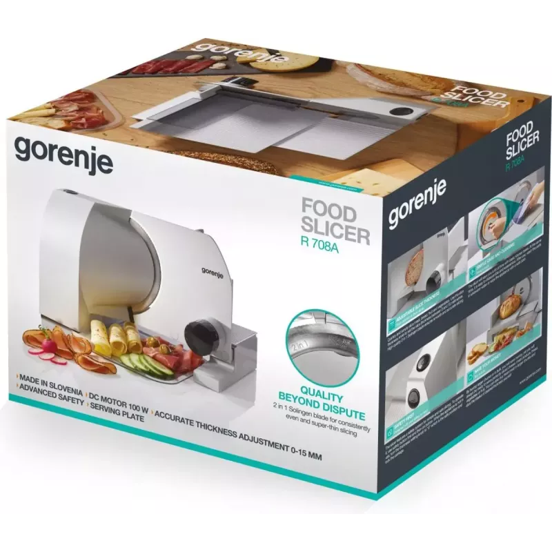 Máquina de cortar fiambre elétrica Gorenje R708A 100 W aço inoxidável 1,5 cm