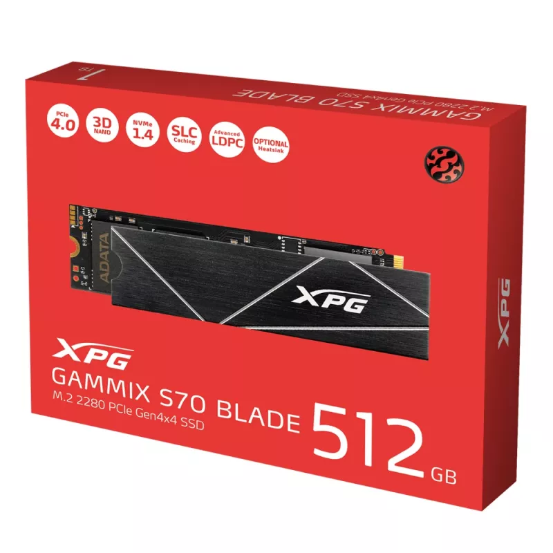SSD M.2 512 GB ADATA XPG GAMMIX S70 BLADE — PCIe 4.0 NVMe, Leitura 7400 MB/s, Escrita 2600 MB/s