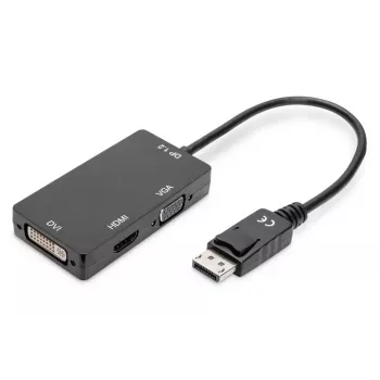Cabo adaptador DisplayPort DIGITUS ASSMANN, DP - HDMI+DVI+VGA M-F/F/F, 20 cm cabo multimédia 3-em-1, CE, preto