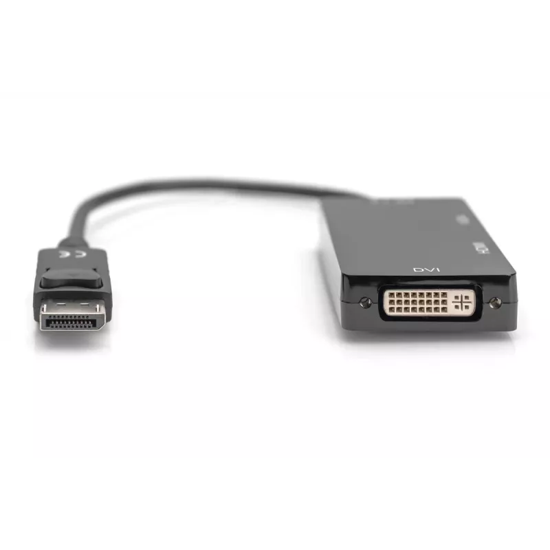 Cabo adaptador DisplayPort DIGITUS ASSMANN, DP - HDMI+DVI+VGA M-F/F/F, 20 cm cabo multimédia 3-em-1, CE, preto