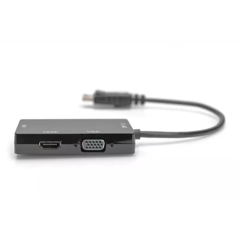 Cabo adaptador DisplayPort DIGITUS ASSMANN, DP - HDMI+DVI+VGA M-F/F/F, 20 cm cabo multimédia 3-em-1, CE, preto