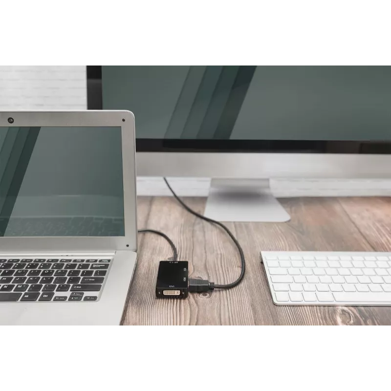 Cabo adaptador DisplayPort DIGITUS ASSMANN, DP - HDMI+DVI+VGA M-F/F/F, 20 cm cabo multimédia 3-em-1, CE, preto