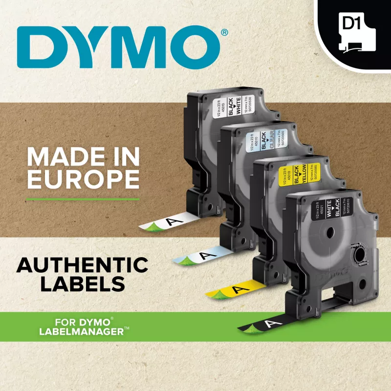 Etiquetas DYMO D1 de poliéster permanente de alto desempenho | 12 mm x 5,5 m rolo | Impressão preta sobre branco | Etiquetas autoadesivas para impressoras de etiquetas LabelManager | Original