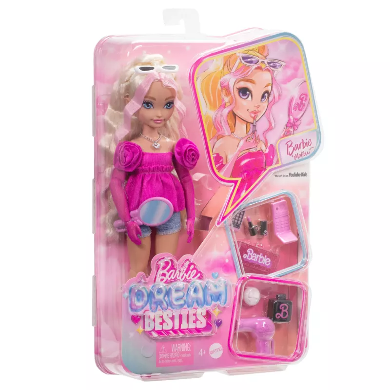 Boneca de moda Barbie Dream Besties „Malibu“ com 8 acessórios de maquilhagem e cabelo