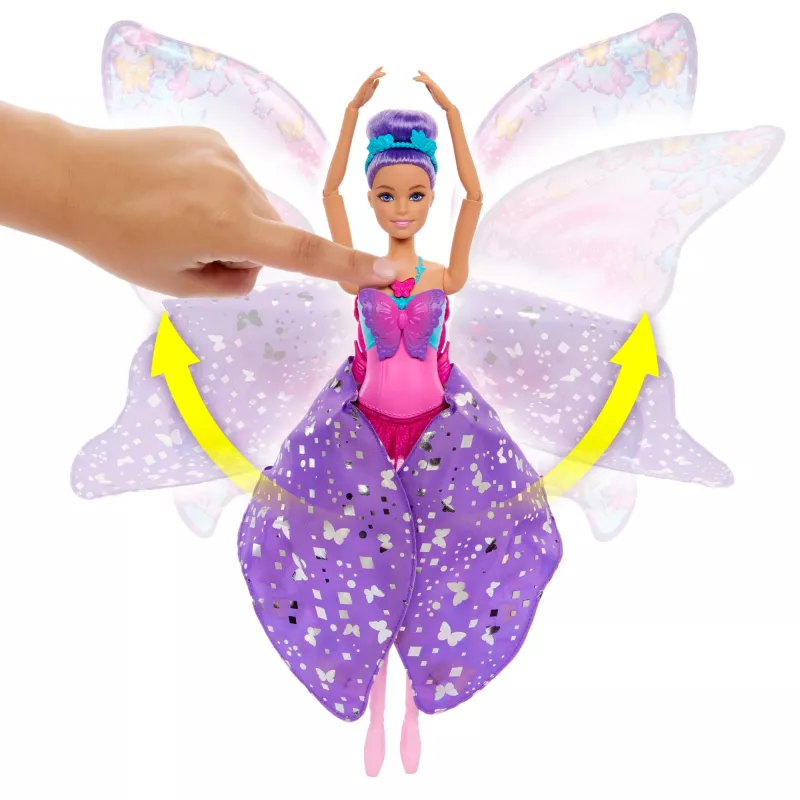 Boneca Barbie Dance and Flutter com transformação 2 em 1 de bailarina em borboleta, cabelo roxo