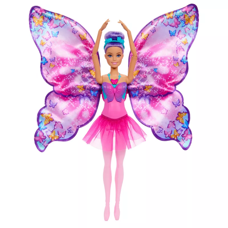 Boneca Barbie Dance and Flutter com transformação 2 em 1 de bailarina em borboleta, cabelo roxo