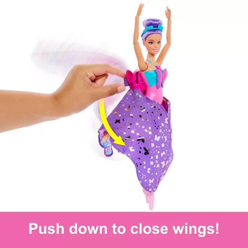 Boneca Barbie Dance and Flutter com transformação 2 em 1 de bailarina em borboleta, cabelo roxo