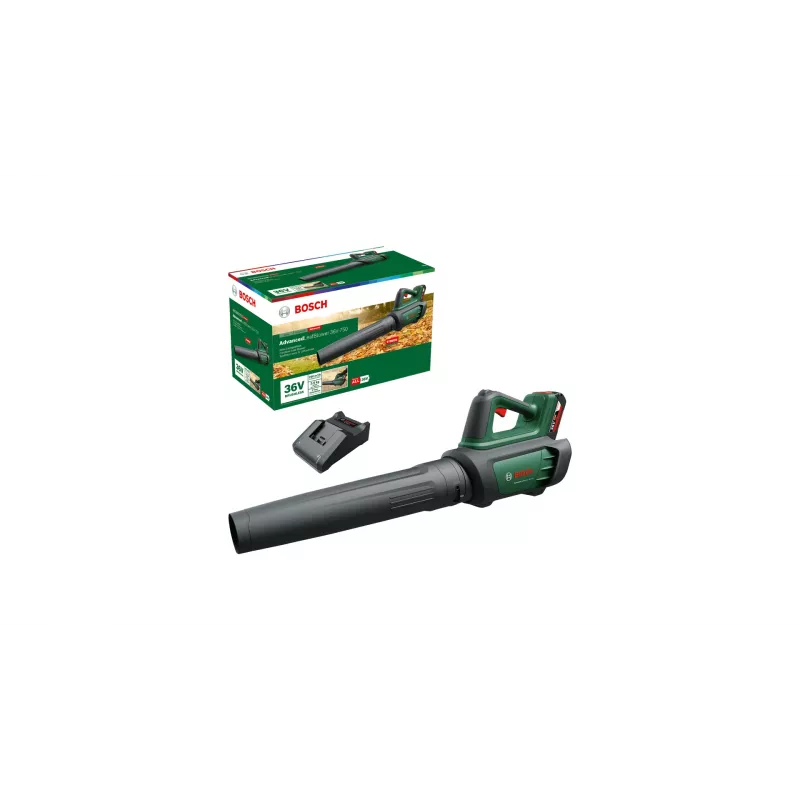 Bosch AdvancedLeafBlower 36V-750 soprador de folhas sem fios, 36 V, 1x 2,0 Ah, carregador, 750 m³/h, 100-200 km/h, sem escovas, 3,5 kg, verde/preto