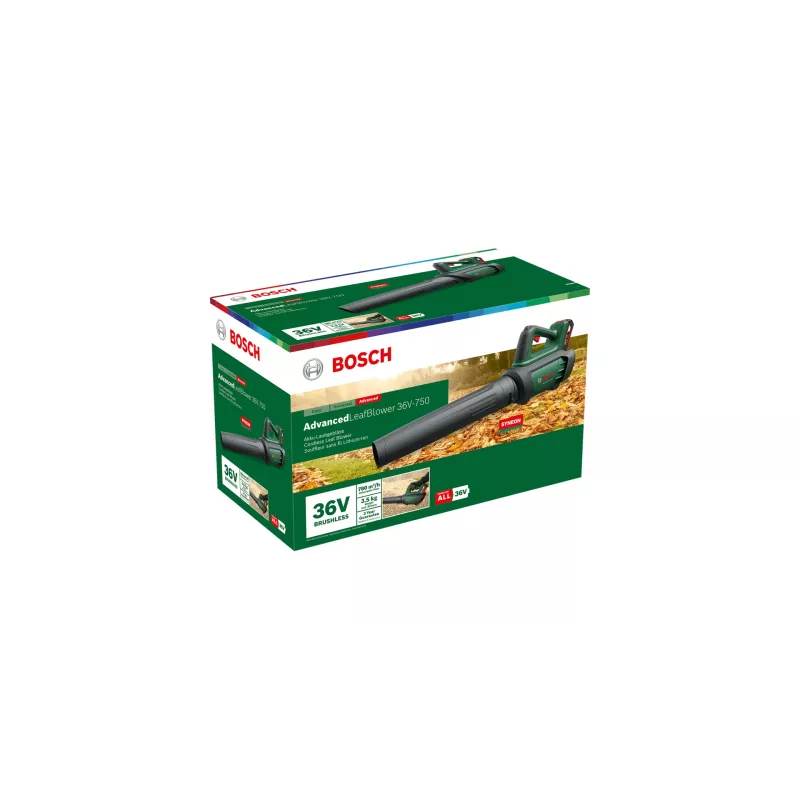 Bosch AdvancedLeafBlower 36V-750 soprador de folhas sem fios, 36 V, 1x 2,0 Ah, carregador, 750 m³/h, 100-200 km/h, sem escovas, 3,5 kg, verde/preto