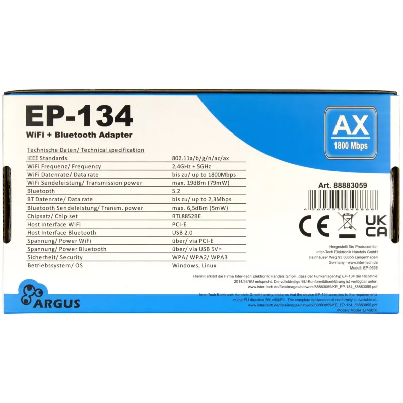 Inter-Tech Argus EP-134 adaptador interno WLAN e Bluetooth, 1800 Mbit/s