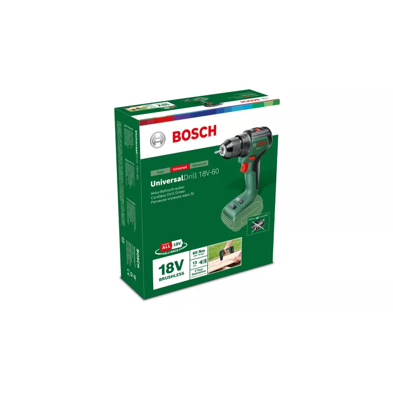 Bosch UniversalDrill 18V-60 berbequim aparafusador sem fios, 18 V, 60 Nm, 1900 rpm, 2 velocidades, sem bateria, verde/preto