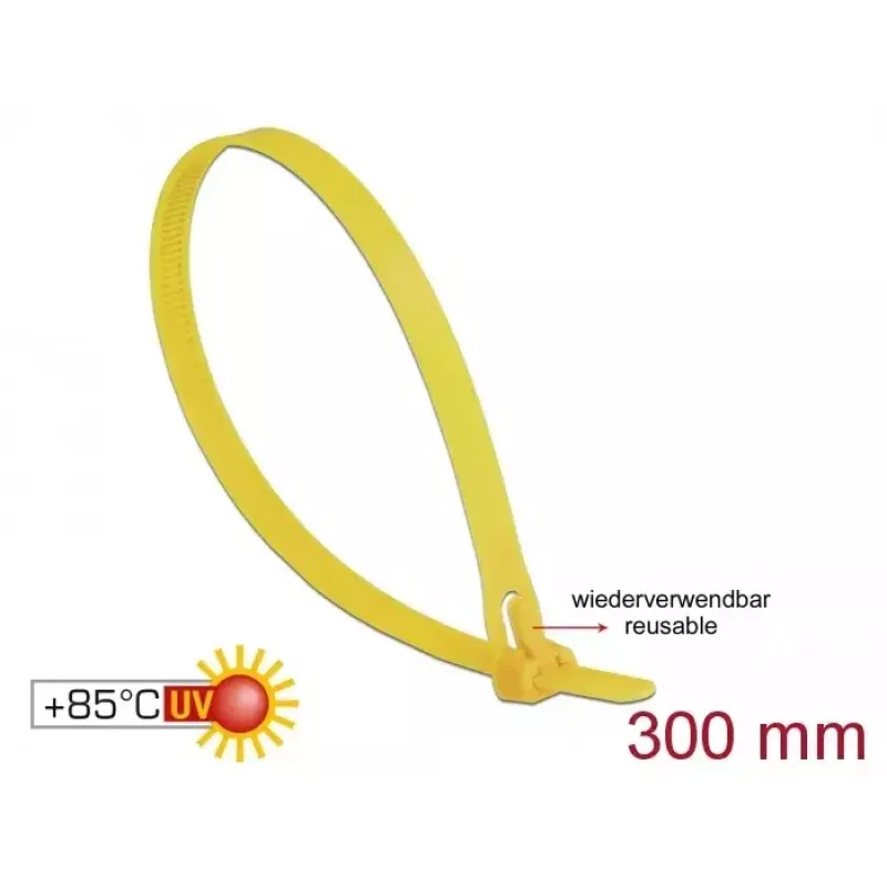 Abraçadeira reutilizável DELOCK 18761 — Nylon, 300 mm x 7,6 mm, amarelo, 100 unid.