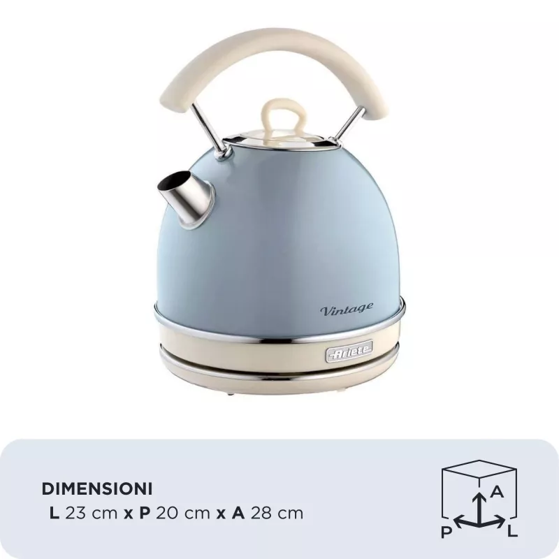 Ariete 2877 chaleira elétrica Vintage, 1,7 l, sem fios, azul, 1,7 l, 2000 W, azul-claro, indicador de nível de água, sem fios, filtragem