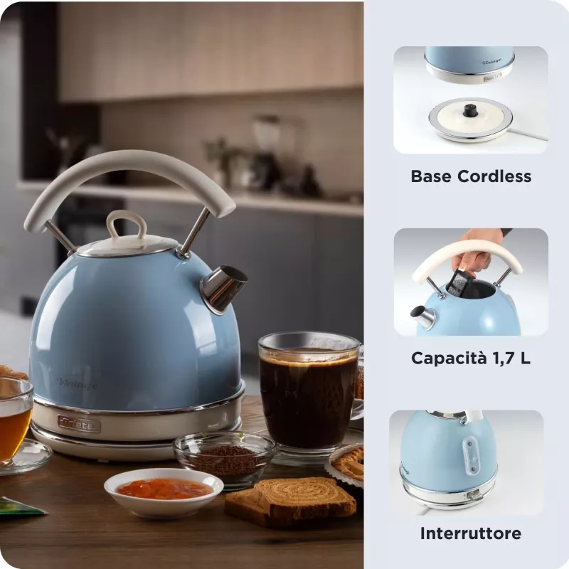 Ariete 2877 chaleira elétrica Vintage, 1,7 l, sem fios, azul, 1,7 l, 2000 W, azul-claro, indicador de nível de água, sem fios, filtragem