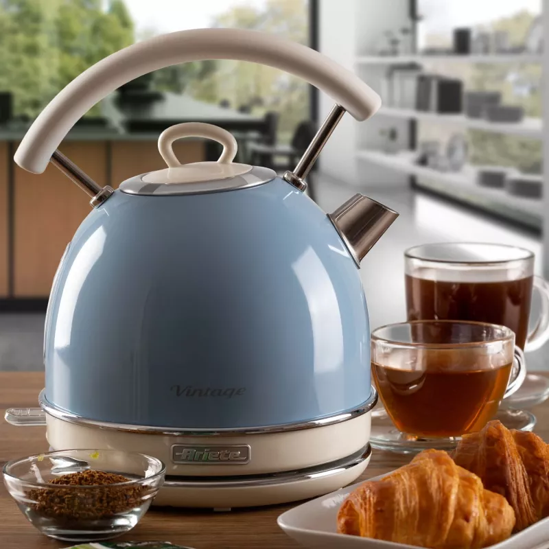 Ariete 2877 chaleira elétrica Vintage, 1,7 l, sem fios, azul, 1,7 l, 2000 W, azul-claro, indicador de nível de água, sem fios, filtragem