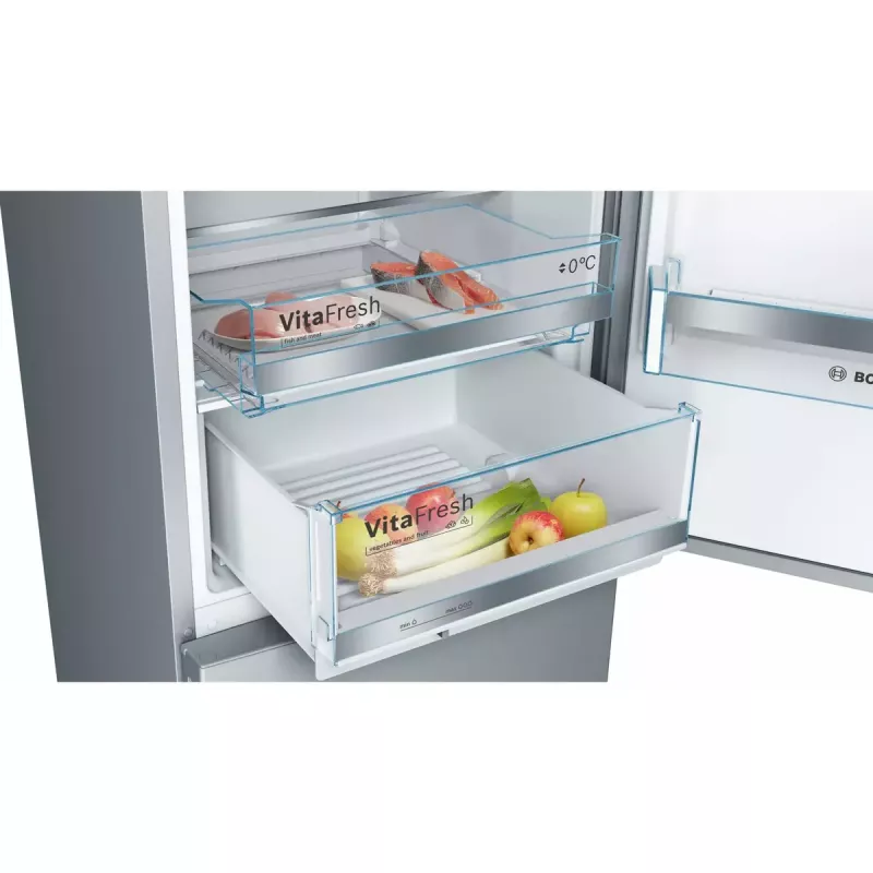 Bosch Serie 6 KGE398IBP frigorífico combinado, 343 l (249 l frigorífico / 94 l congelador), classe energética B, 201 cm, porta reversível, aço inoxidável