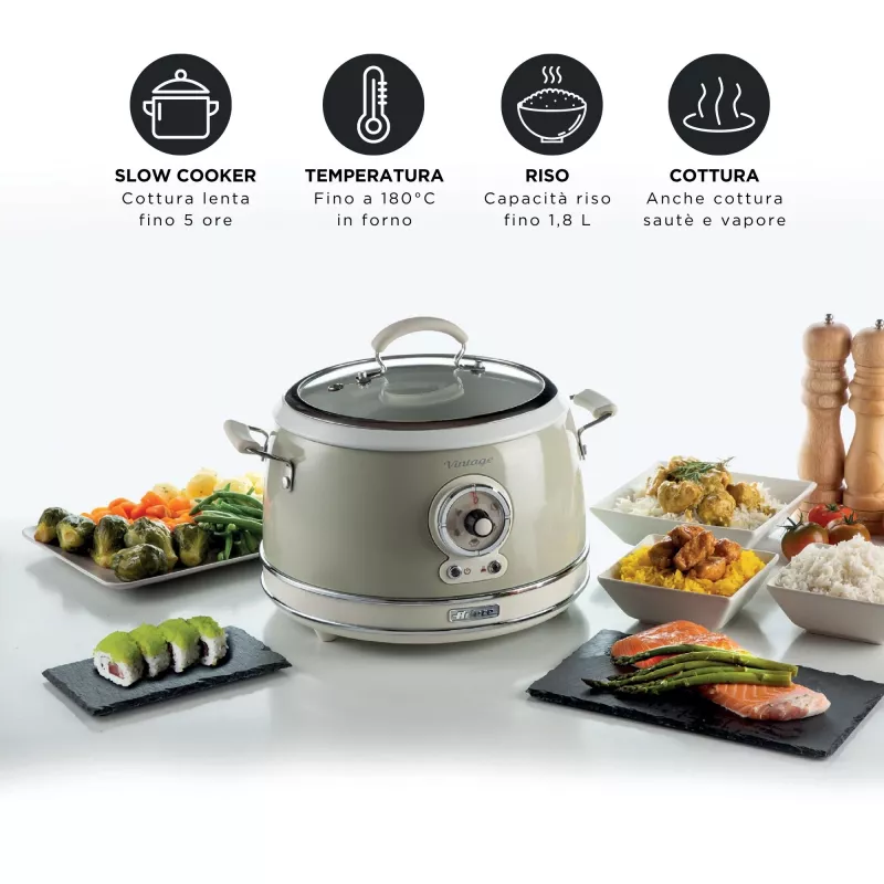 Ariete 2904 Panela de arroz – Panela de arroz elétrica com tigela de cerâmica – Sushi caseiro – Multicozinha – Linha Vintage – 3,5 L – 650 W – Bege