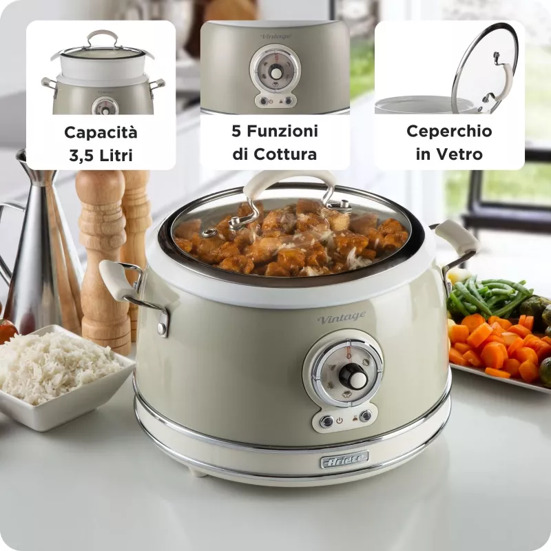 Ariete 2904 Panela de arroz – Panela de arroz elétrica com tigela de cerâmica – Sushi caseiro – Multicozinha – Linha Vintage – 3,5 L – 650 W – Bege