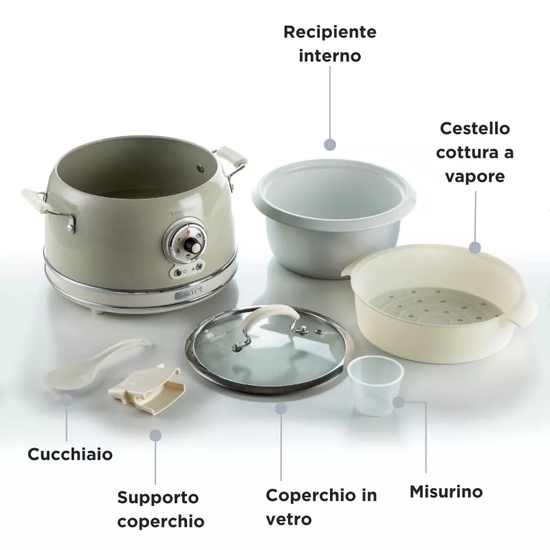 Ariete 2904 Panela de arroz – Panela de arroz elétrica com tigela de cerâmica – Sushi caseiro – Multicozinha – Linha Vintage – 3,5 L – 650 W – Bege
