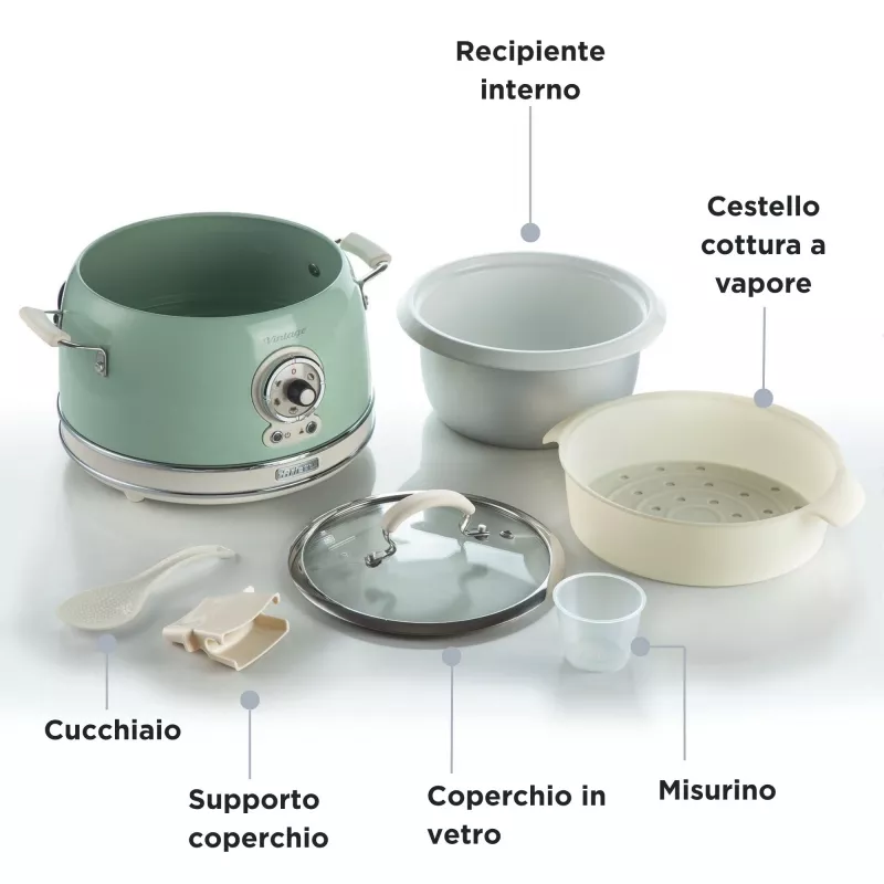Ariete 2904 Panela de arroz – Panela de arroz elétrica com tigela de cerâmica – Sushi caseiro – Multicozinha – Linha Vintage – 3,5 L – 650 W – Verde