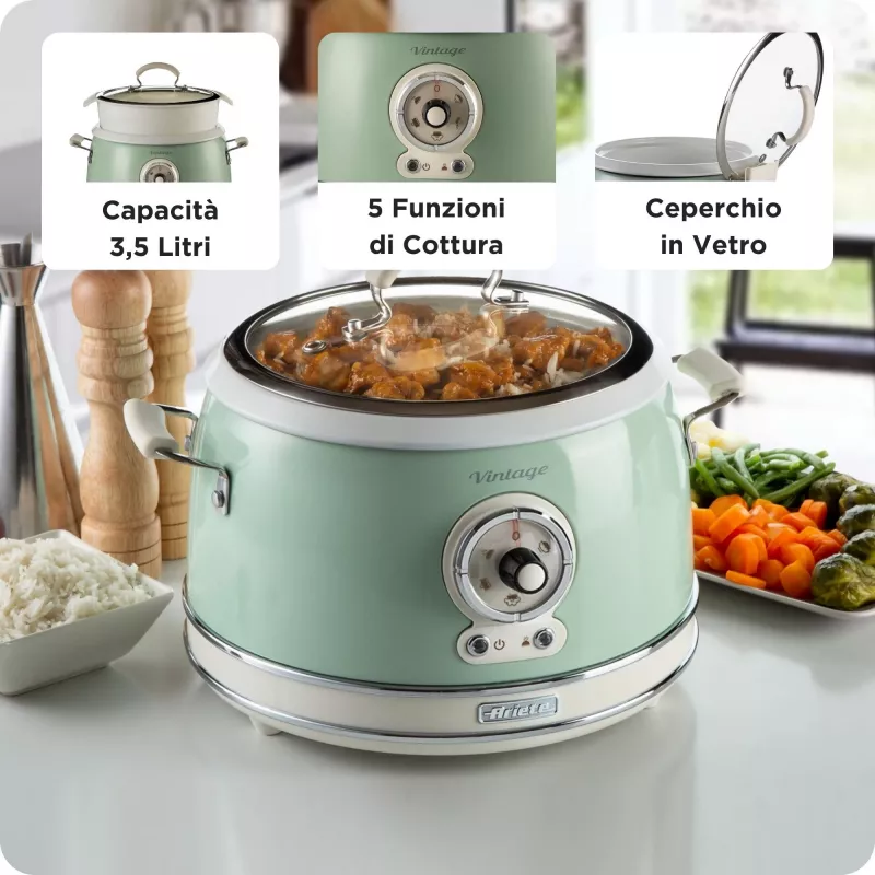 Ariete 2904 Panela de arroz – Panela de arroz elétrica com tigela de cerâmica – Sushi caseiro – Multicozinha – Linha Vintage – 3,5 L – 650 W – Verde