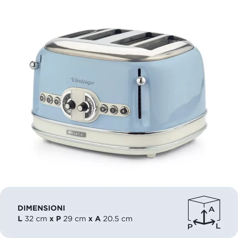 Torradeira Ariete 156 4 fatias Vintage, 1600 Watt, 6 níveis de tostagem, aço inoxidável lacado em azul pastel, sem cestos para sanduíches. Azul