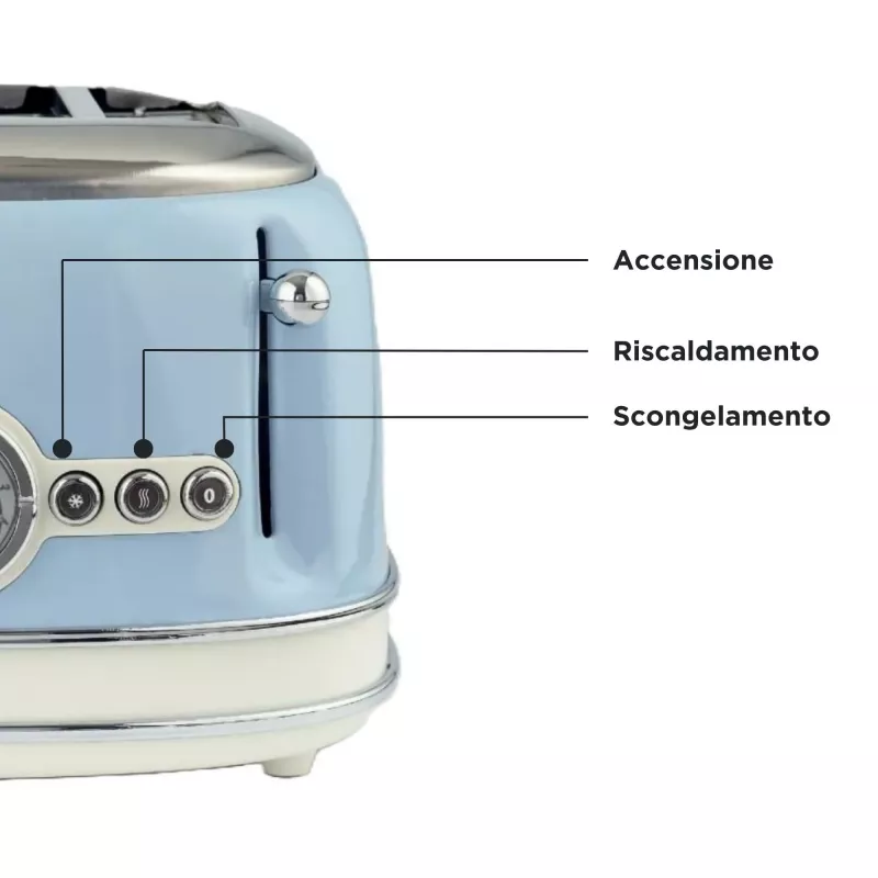 Torradeira Ariete 156 4 fatias Vintage, 1600 Watt, 6 níveis de tostagem, aço inoxidável lacado em azul pastel, sem cestos para sanduíches. Azul