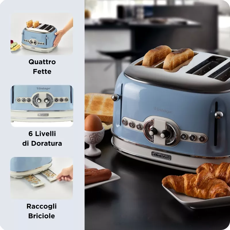 Torradeira Ariete 156 4 fatias Vintage, 1600 Watt, 6 níveis de tostagem, aço inoxidável lacado em azul pastel, sem cestos para sanduíches. Azul