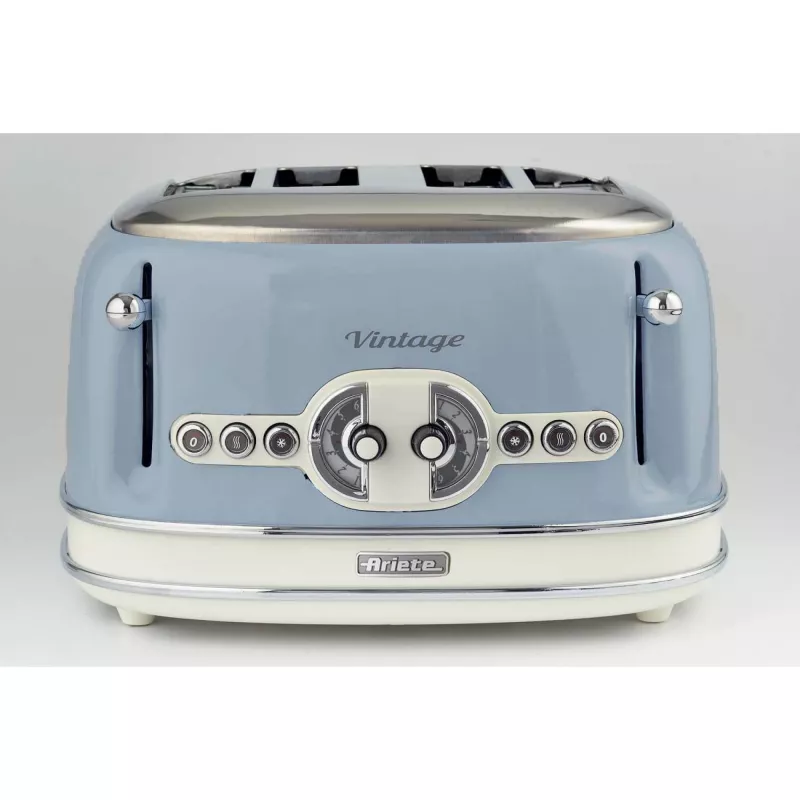 Torradeira Ariete 156 4 fatias Vintage, 1600 Watt, 6 níveis de tostagem, aço inoxidável lacado em azul pastel, sem cestos para sanduíches. Azul